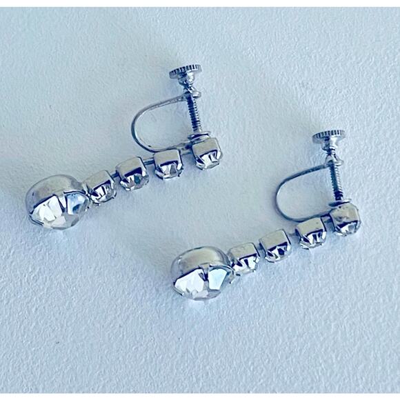Vtg MCM Rhinestone Drop Dangling Screw-back Earrings, Bride Prom Formal Special - Picture 6 of 8